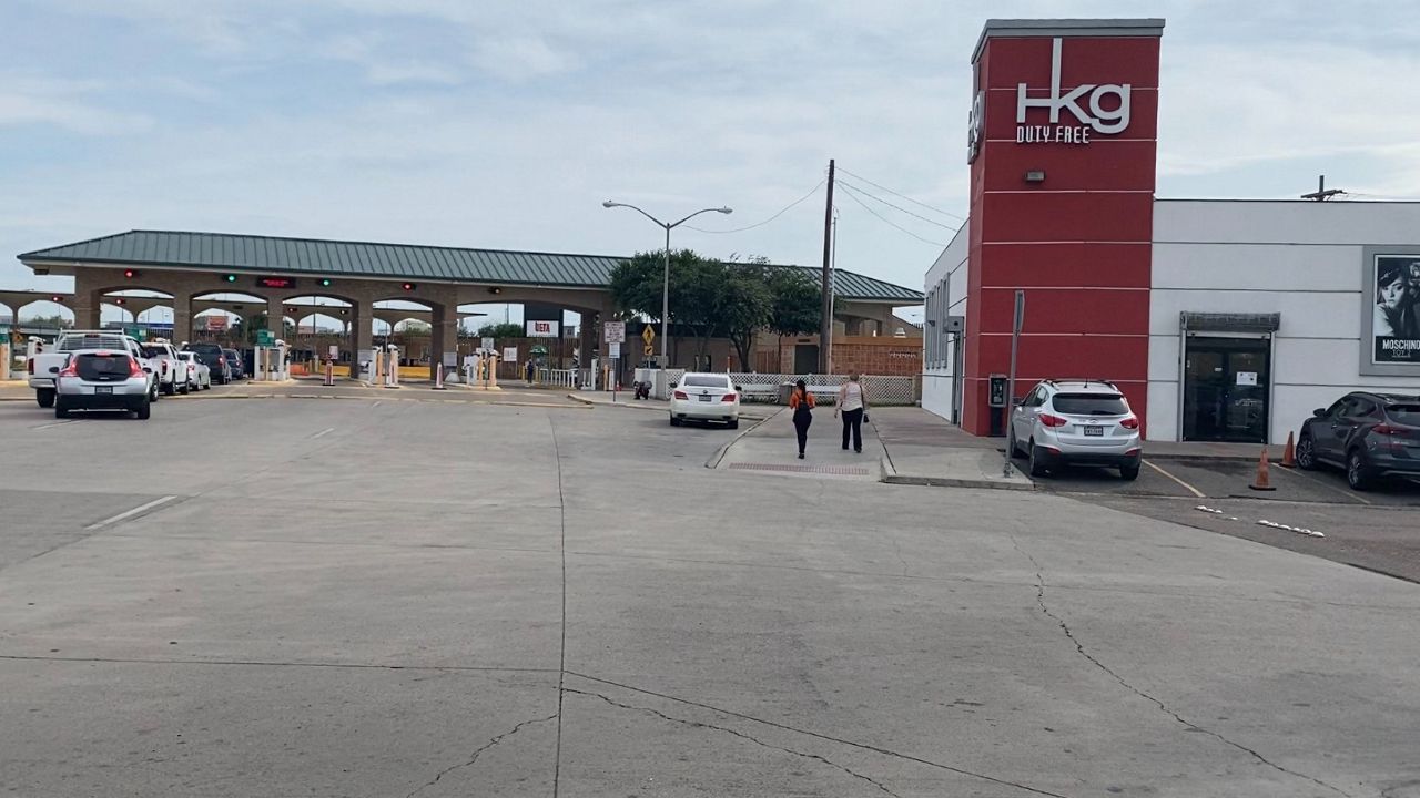 The Reynosa-Hidalgo International Bridge with a duty-free shop (red-white building) next to it. (Spectrum News 1/ Adolfo Muniz)